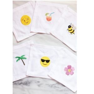 House of Pom Embroidered Cloth Cocktail Napkins Set Tropical Emoji Emoticons